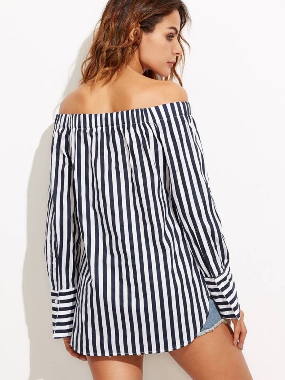 NWT Anself Off The Shoulder Stipulated Button Up Blouse - Picture 2 of 10